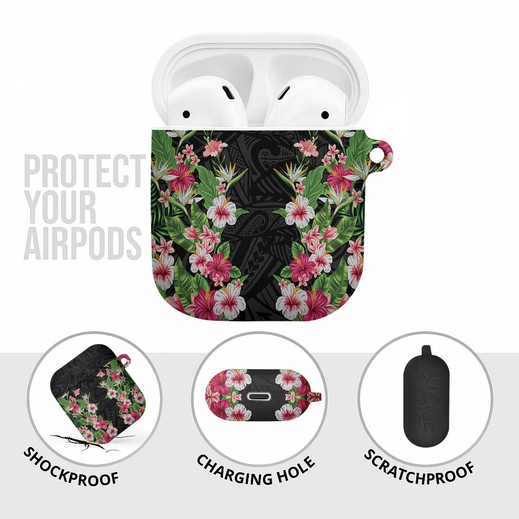 Hawaii Tropical Flowers AirPods Case Black Polynesian Tattoo Art