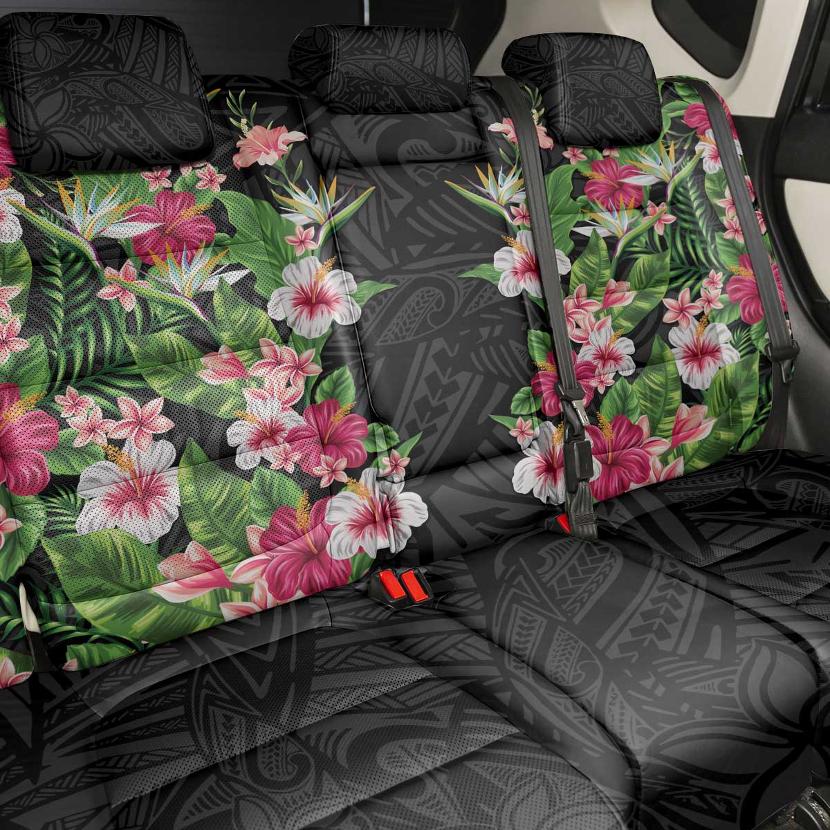 Hawaii Tropical Flowers Back Car Seat Cover Black Polynesian Tattoo Art