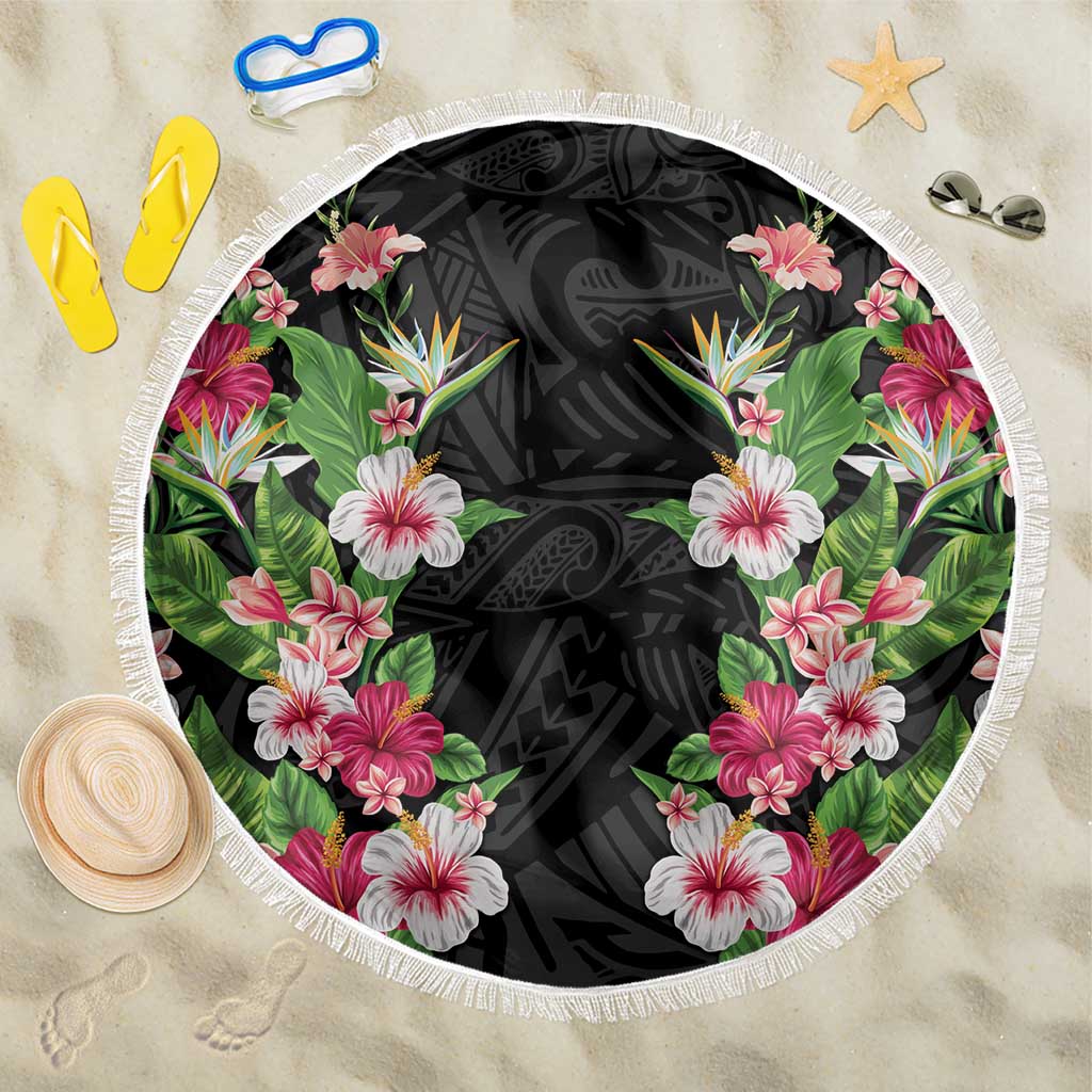 Hawaii Tropical Flowers Beach Blanket Black Polynesian Tattoo Art