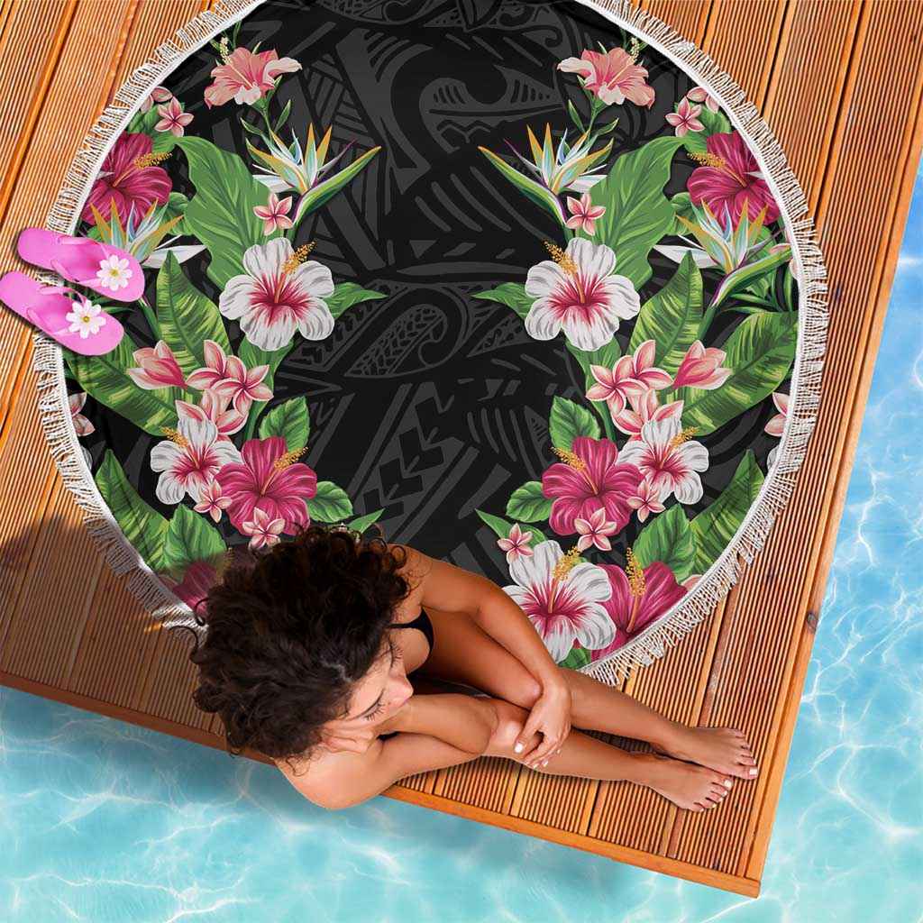 Hawaii Tropical Flowers Beach Blanket Black Polynesian Tattoo Art