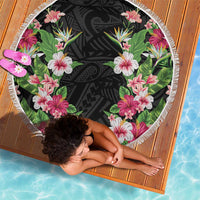 Hawaii Tropical Flowers Beach Blanket Black Polynesian Tattoo Art