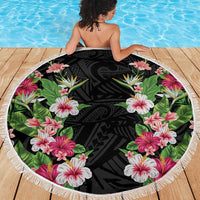 Hawaii Tropical Flowers Beach Blanket Black Polynesian Tattoo Art