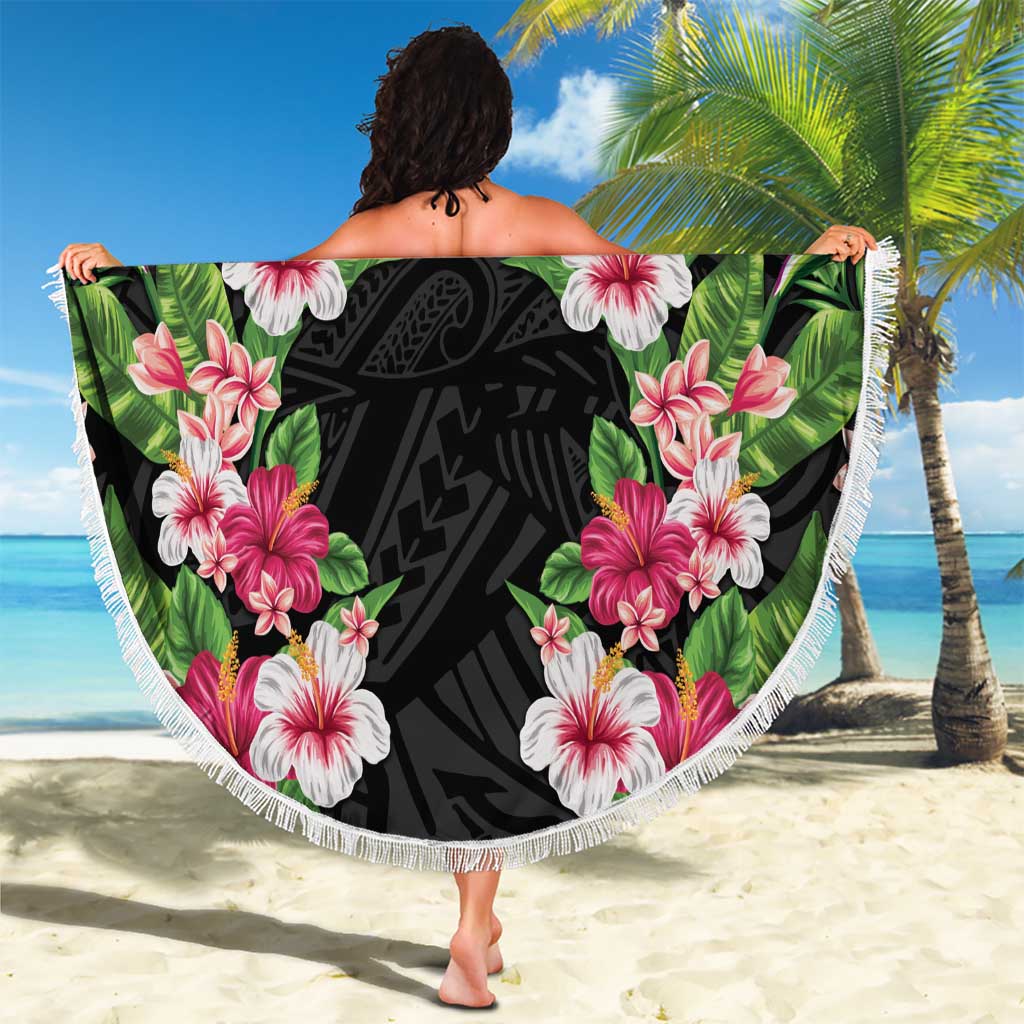 Hawaii Tropical Flowers Beach Blanket Black Polynesian Tattoo Art