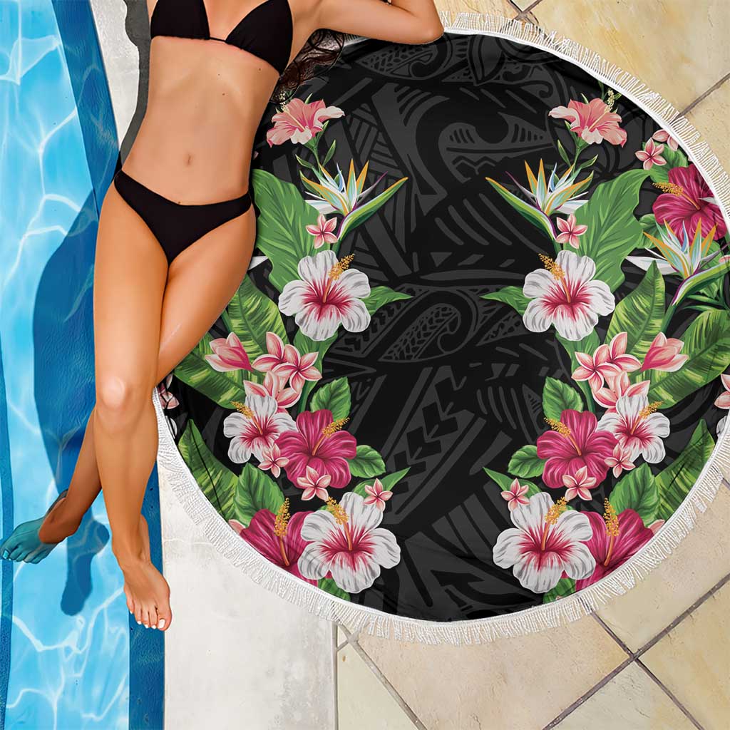 Hawaii Tropical Flowers Beach Blanket Black Polynesian Tattoo Art