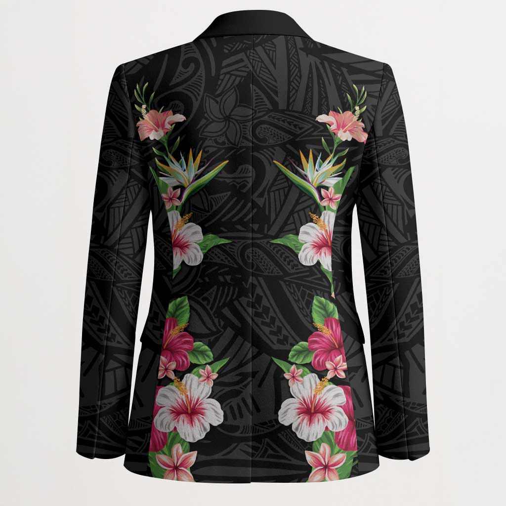 Hawaii Tropical Flowers Blazer Black Polynesian Tattoo Art