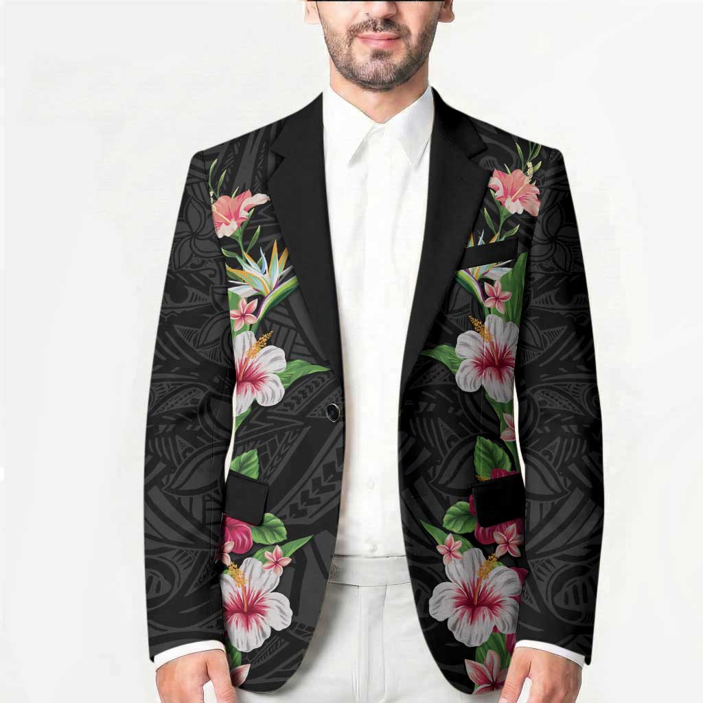 Hawaii Tropical Flowers Blazer Black Polynesian Tattoo Art