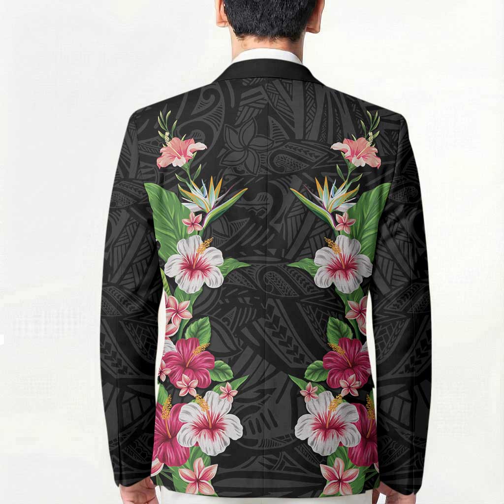 Hawaii Tropical Flowers Blazer Black Polynesian Tattoo Art