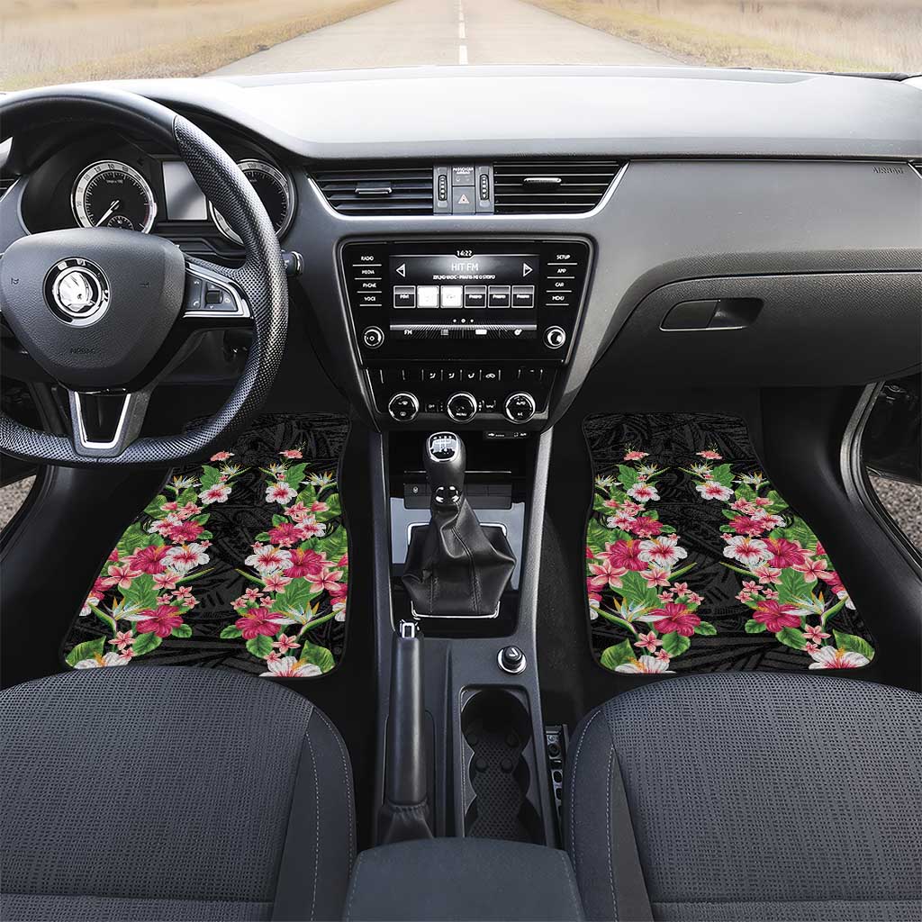 Hawaii Tropical Flowers Car Mats Black Polynesian Tattoo Art LT05 Set 2pcs - Front Black - Polynesian Pride