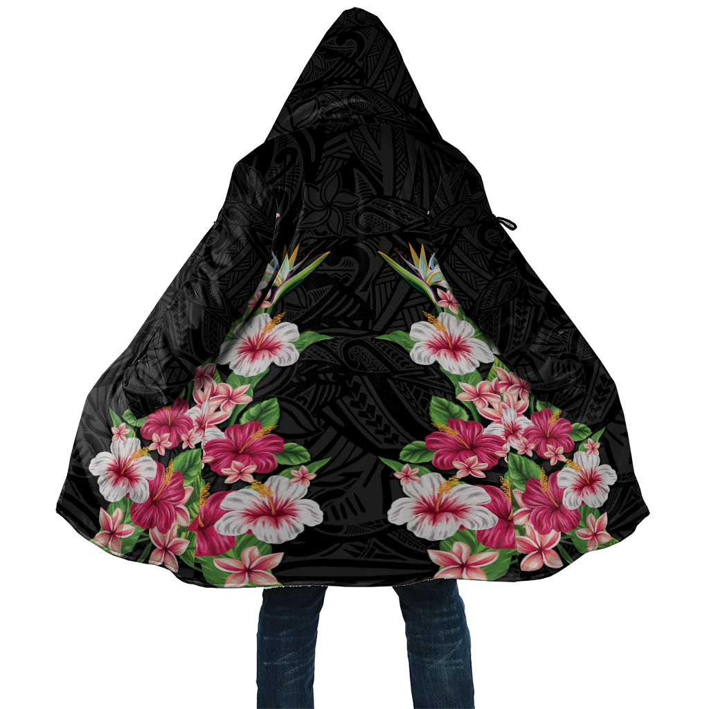 Hawaii Tropical Flowers Cloak Black Polynesian Tattoo Art LT05 Unisex Black - Polynesian Pride