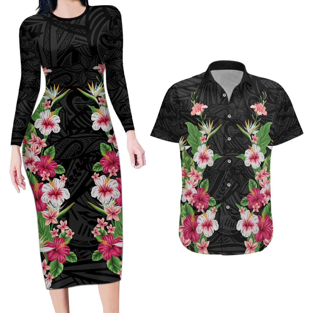 Hawaii Tropical Flowers Couples Matching Long Sleeve Bodycon Dress and Hawaiian Shirt Black Polynesian Tattoo Art LT05 Black - Polynesian Pride