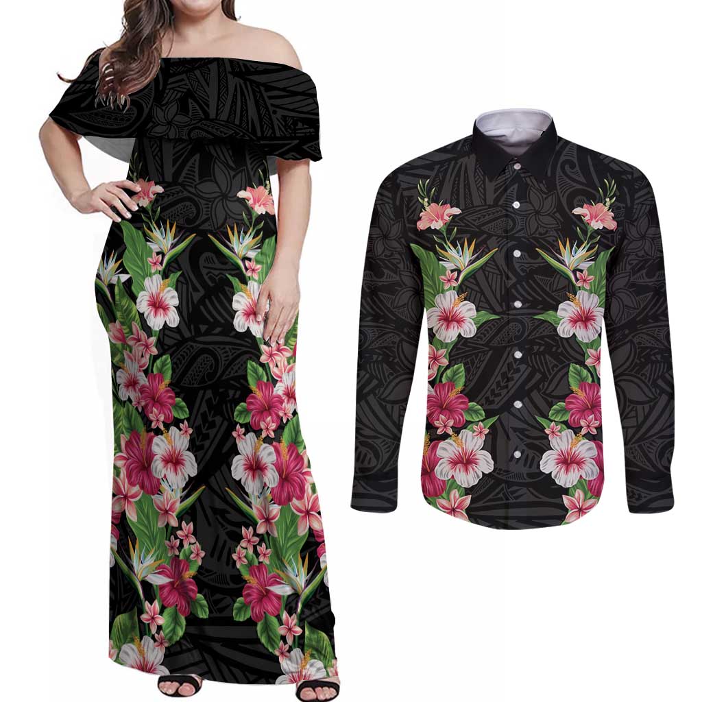 Hawaii Tropical Flowers Couples Matching Off Shoulder Maxi Dress and Long Sleeve Button Shirt Black Polynesian Tattoo Art