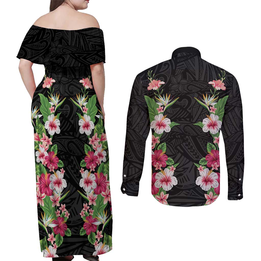 Hawaii Tropical Flowers Couples Matching Off Shoulder Maxi Dress and Long Sleeve Button Shirt Black Polynesian Tattoo Art
