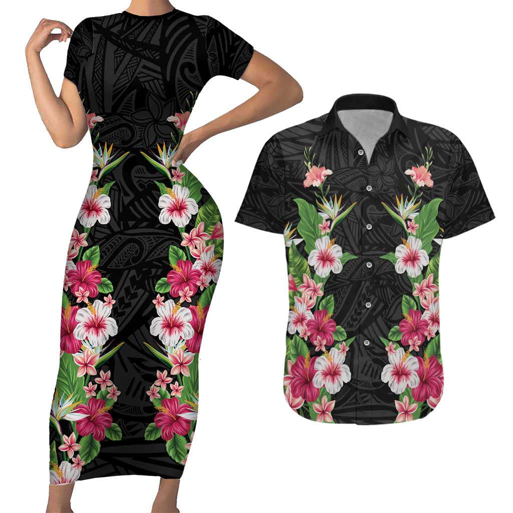 Hawaii Tropical Flowers Couples Matching Short Sleeve Bodycon Dress and Hawaiian Shirt Black Polynesian Tattoo Art LT05 Black - Polynesian Pride
