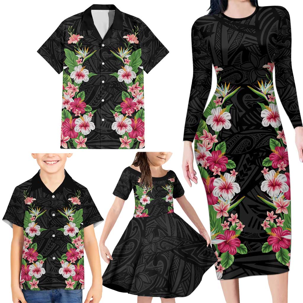 Hawaii Tropical Flowers Family Matching Long Sleeve Bodycon Dress and Hawaiian Shirt Black Polynesian Tattoo Art LT05 - Polynesian Pride