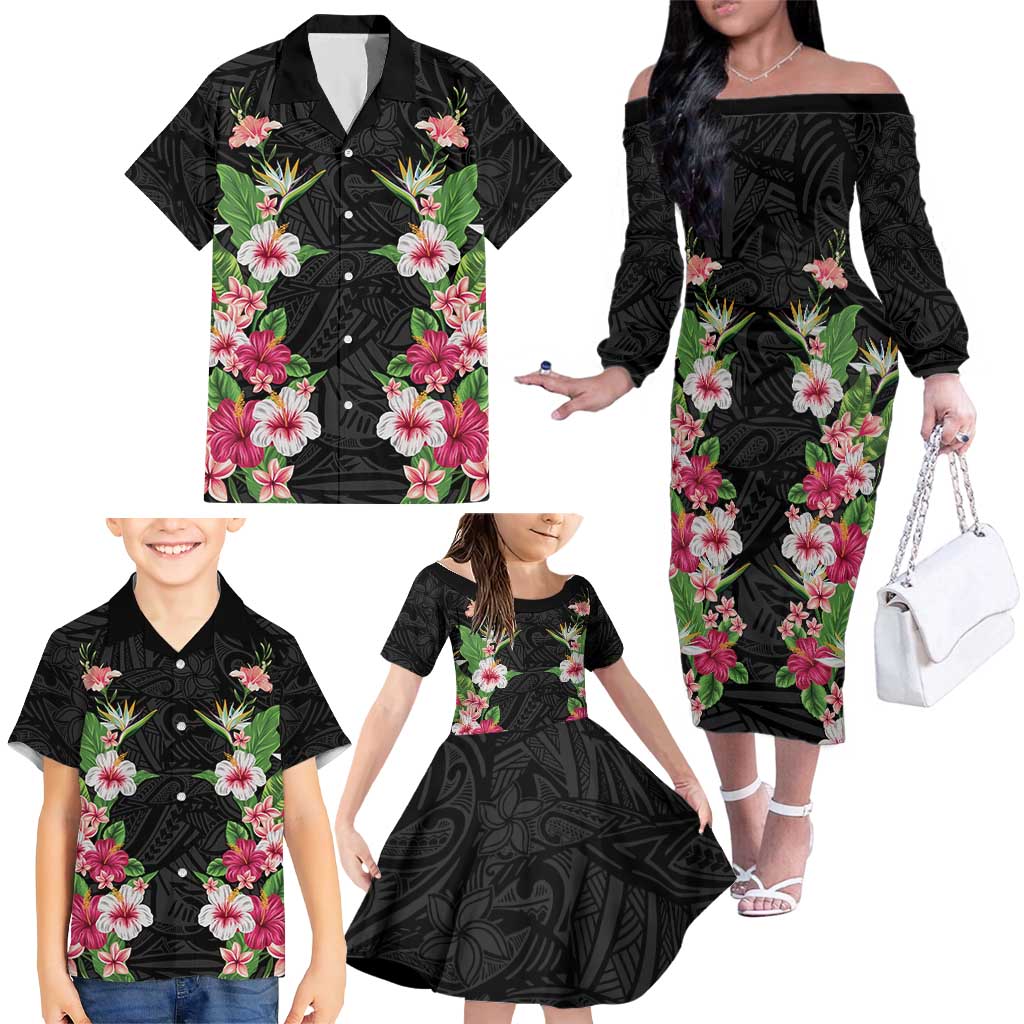 Hawaii Tropical Flowers Family Matching Off The Shoulder Long Sleeve Dress and Hawaiian Shirt Black Polynesian Tattoo Art LT05 - Polynesian Pride