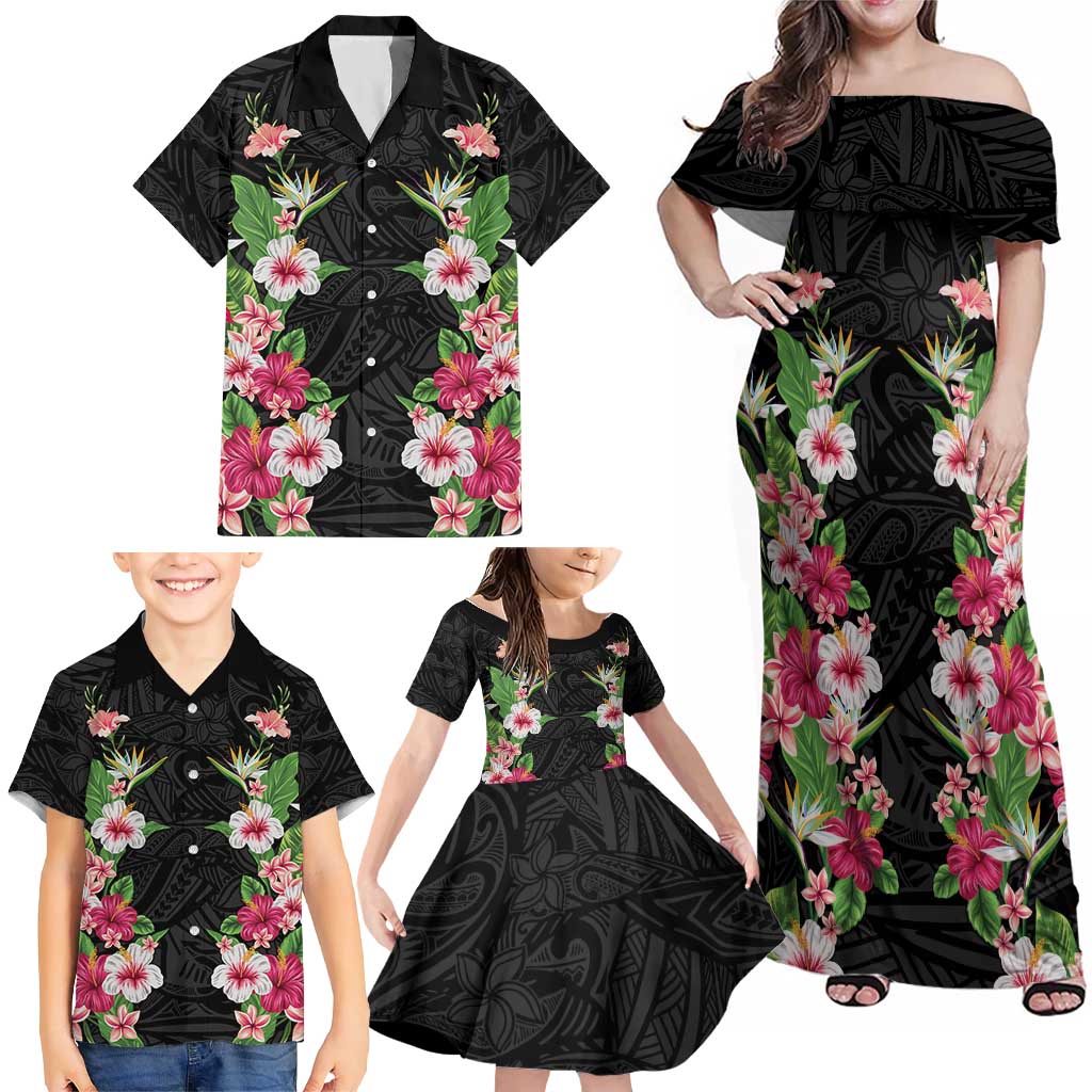Hawaii Tropical Flowers Family Matching Off Shoulder Maxi Dress and Hawaiian Shirt Black Polynesian Tattoo Art LT05 - Polynesian Pride