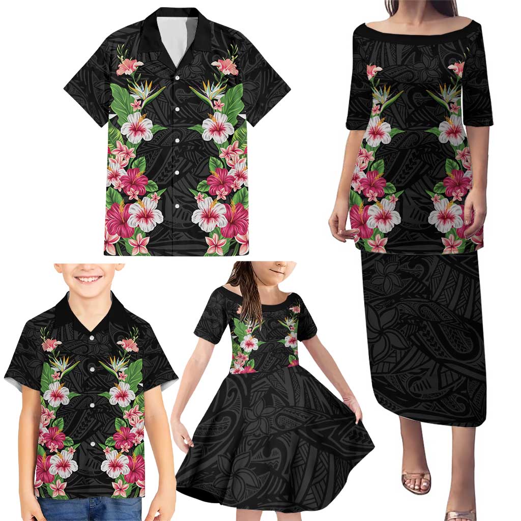 Hawaii Tropical Flowers Family Matching Puletasi and Hawaiian Shirt Black Polynesian Tattoo Art LT05 - Polynesian Pride