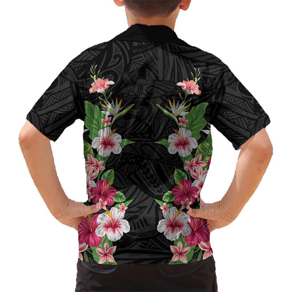 Hawaii Tropical Flowers Family Matching Summer Maxi Dress and Hawaiian Shirt Black Polynesian Tattoo Art