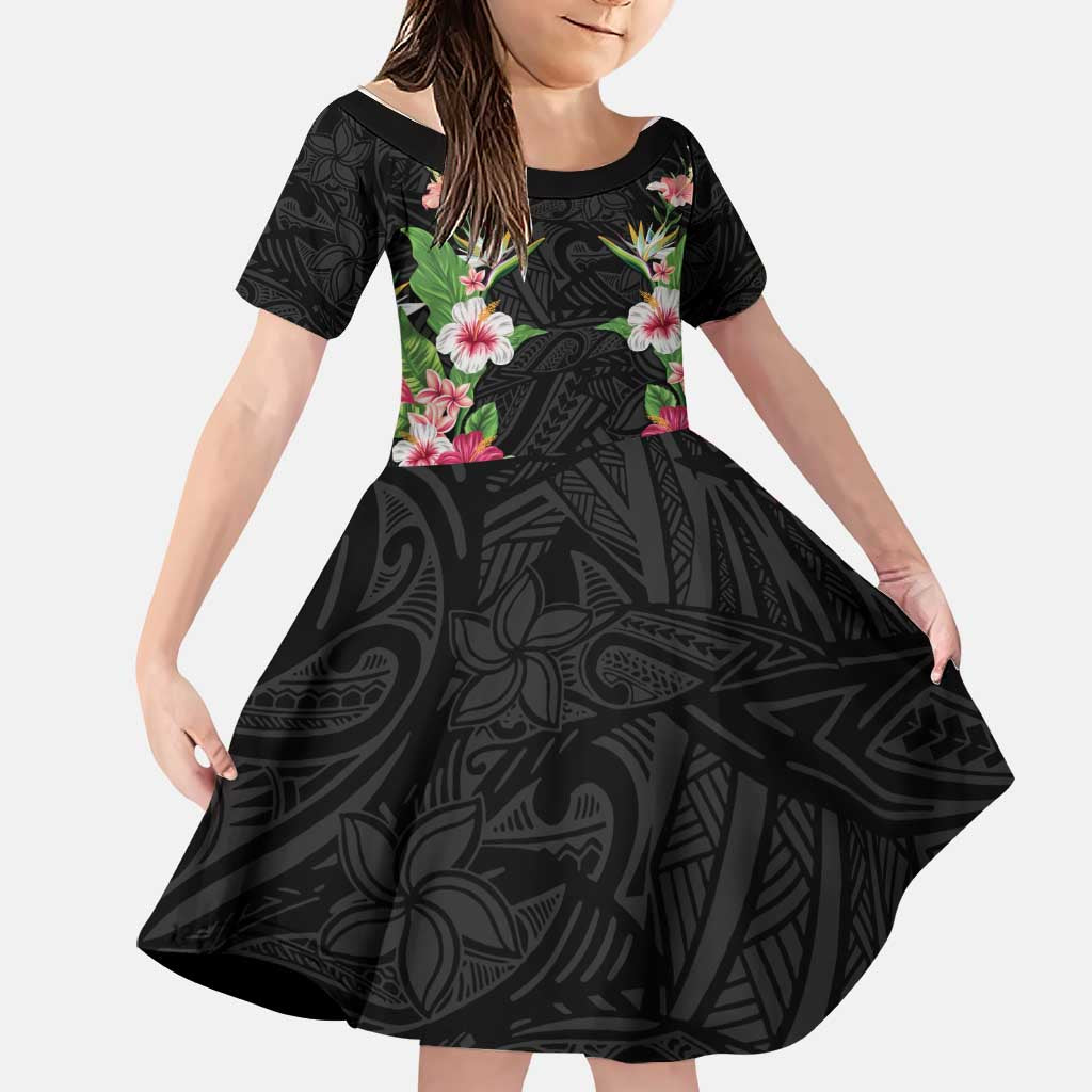 Hawaii Tropical Flowers Family Matching Summer Maxi Dress and Hawaiian Shirt Black Polynesian Tattoo Art