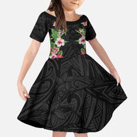 Hawaii Tropical Flowers Family Matching Summer Maxi Dress and Hawaiian Shirt Black Polynesian Tattoo Art