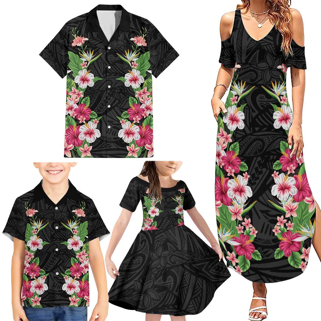 Hawaii Tropical Flowers Family Matching Summer Maxi Dress and Hawaiian Shirt Black Polynesian Tattoo Art