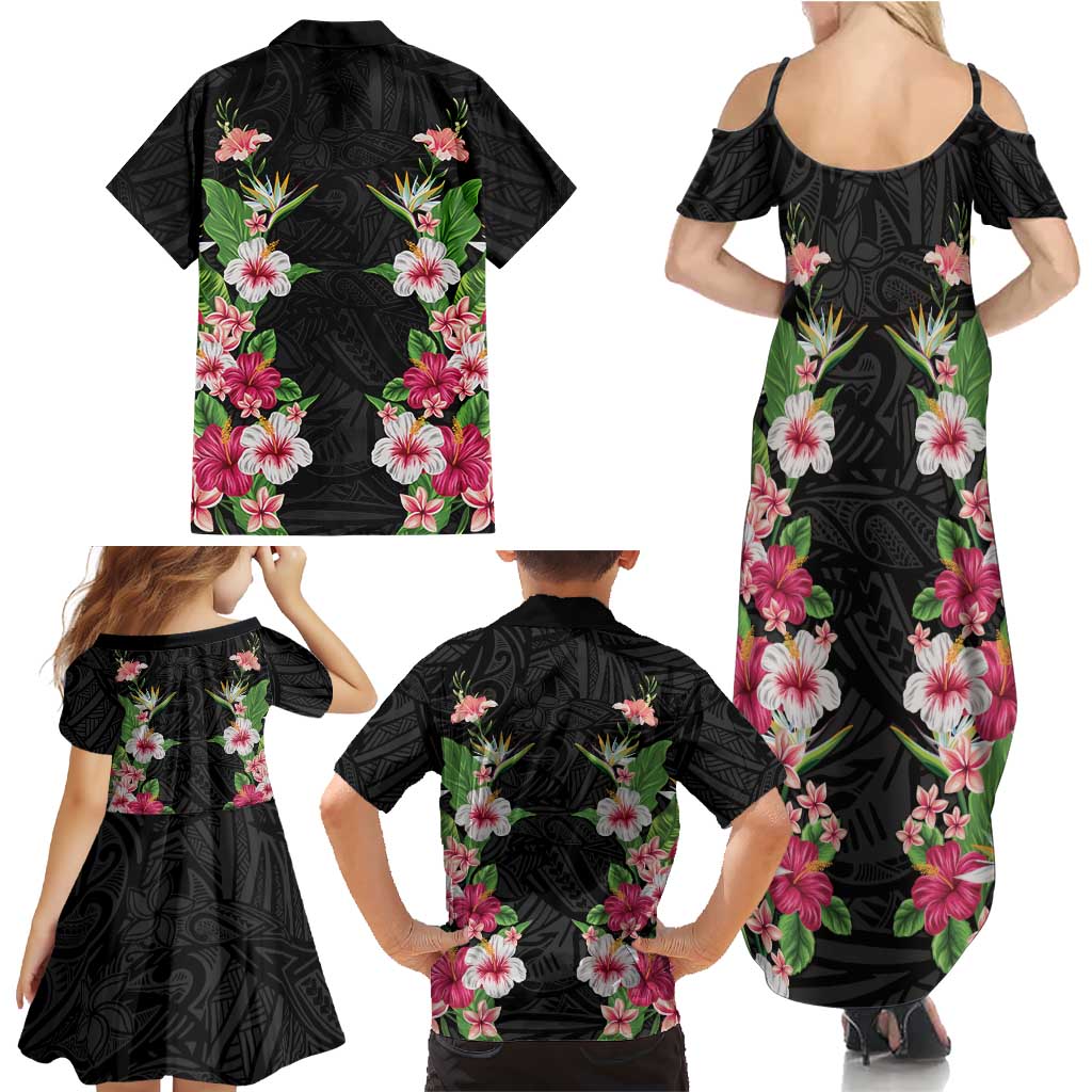 Hawaii Tropical Flowers Family Matching Summer Maxi Dress and Hawaiian Shirt Black Polynesian Tattoo Art