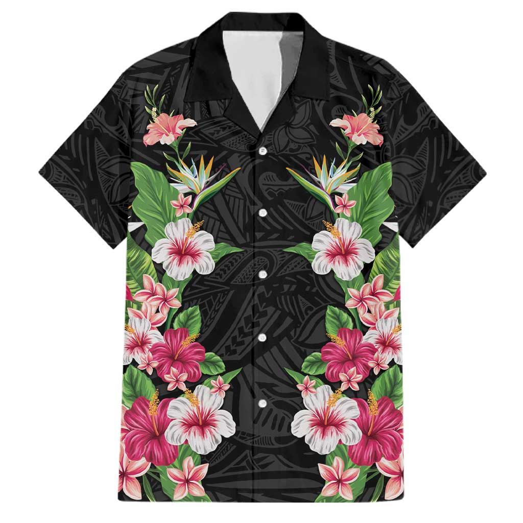 Hawaii Tropical Flowers Family Matching Summer Maxi Dress and Hawaiian Shirt Black Polynesian Tattoo Art