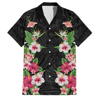 Hawaii Tropical Flowers Family Matching Summer Maxi Dress and Hawaiian Shirt Black Polynesian Tattoo Art