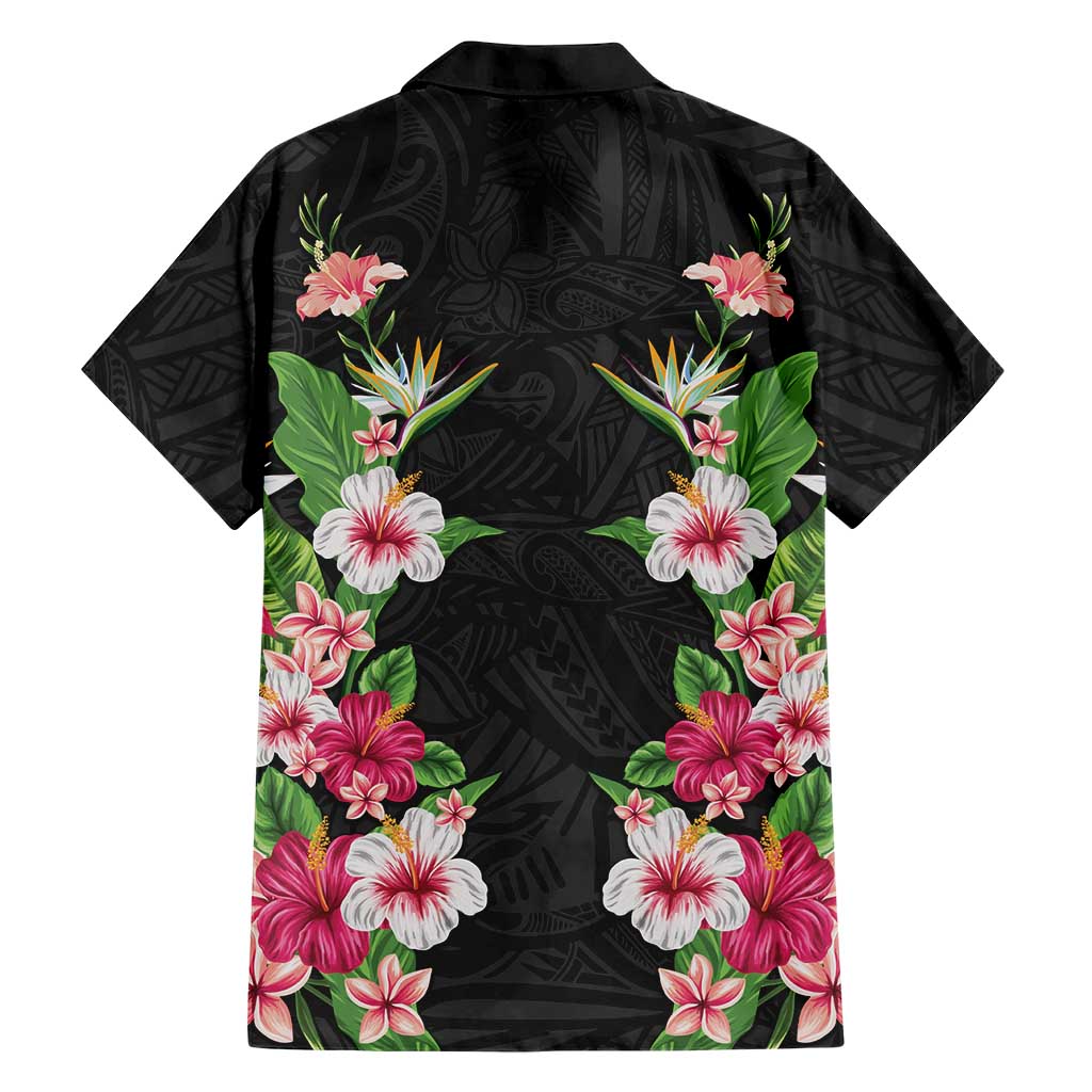 Hawaii Tropical Flowers Family Matching Summer Maxi Dress and Hawaiian Shirt Black Polynesian Tattoo Art