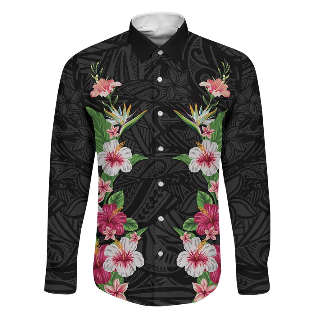 Hawaii Tropical Flowers Family Matching Summer Maxi Dress and Hawaiian Shirt Black Polynesian Tattoo Art