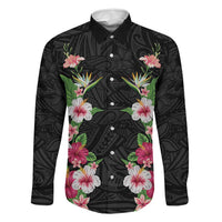 Hawaii Tropical Flowers Family Matching Summer Maxi Dress and Hawaiian Shirt Black Polynesian Tattoo Art