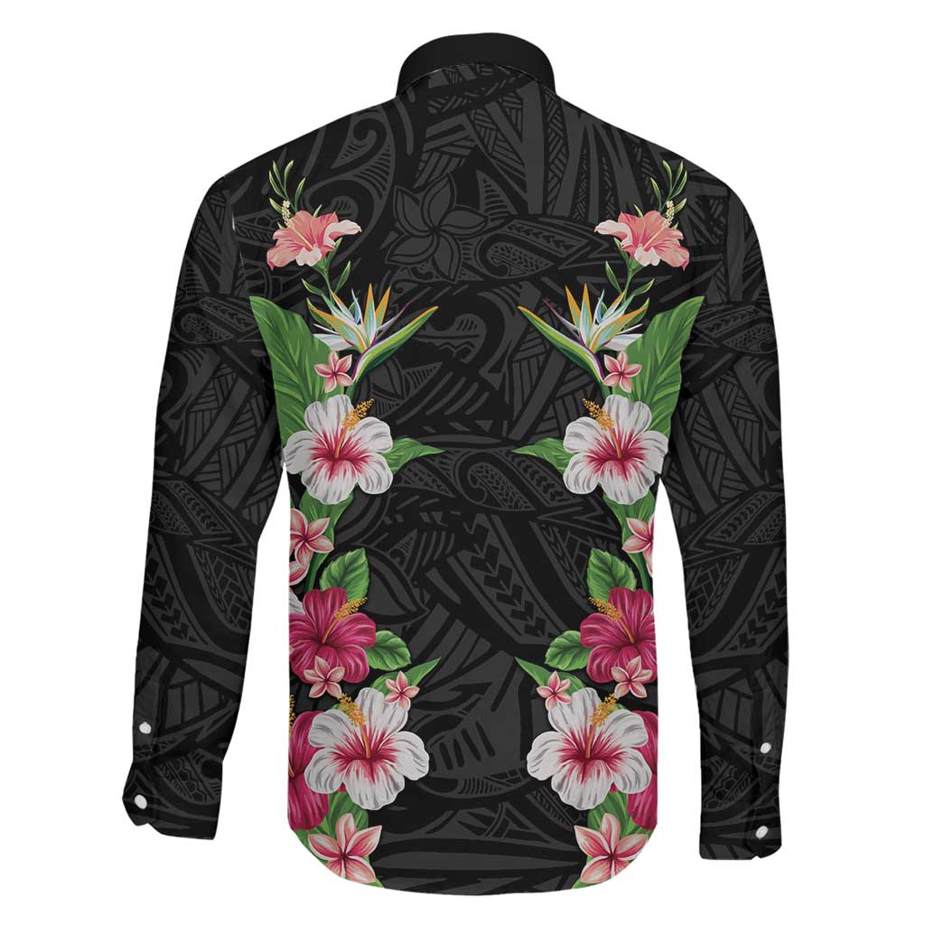 Hawaii Tropical Flowers Family Matching Summer Maxi Dress and Hawaiian Shirt Black Polynesian Tattoo Art