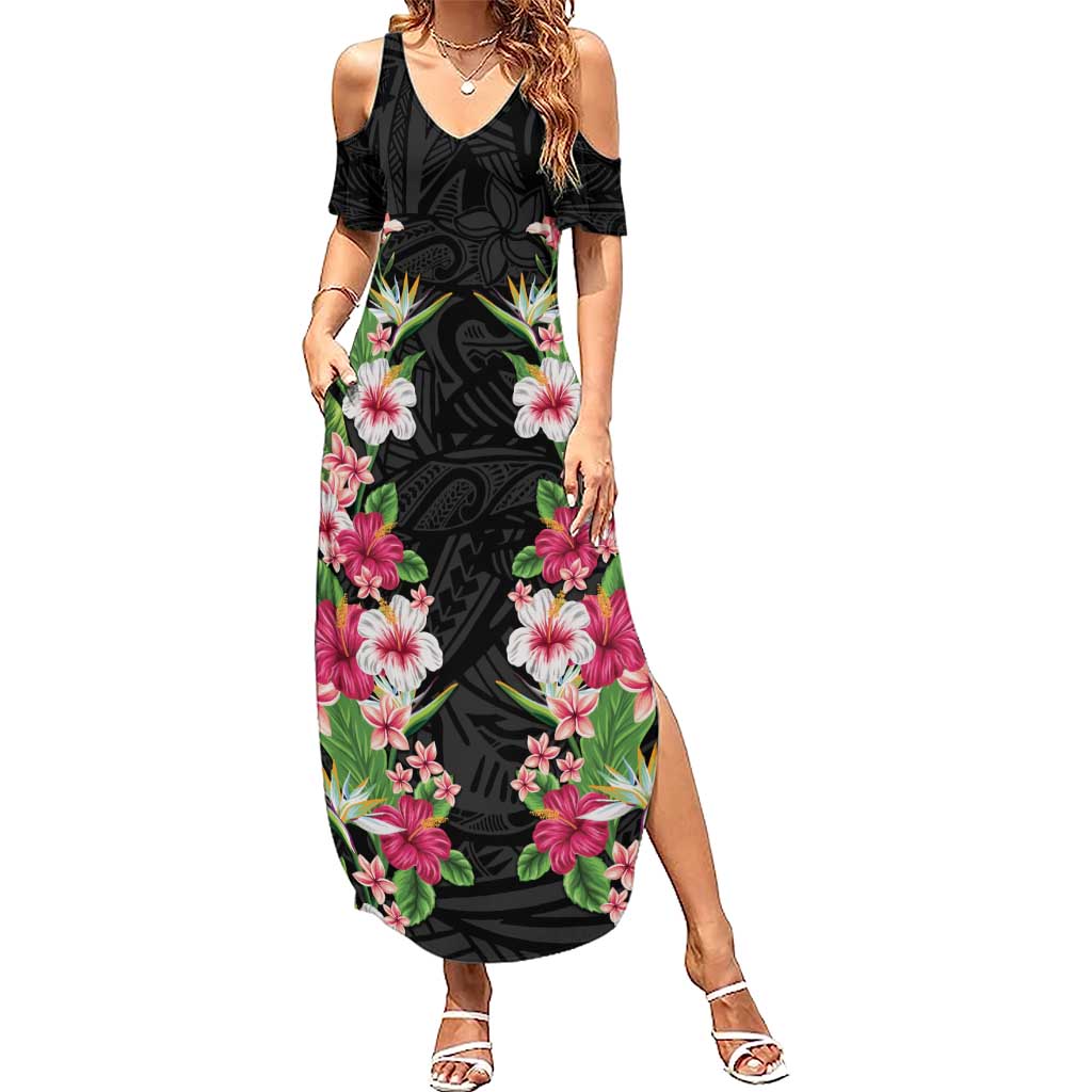 Hawaii Tropical Flowers Family Matching Summer Maxi Dress and Hawaiian Shirt Black Polynesian Tattoo Art
