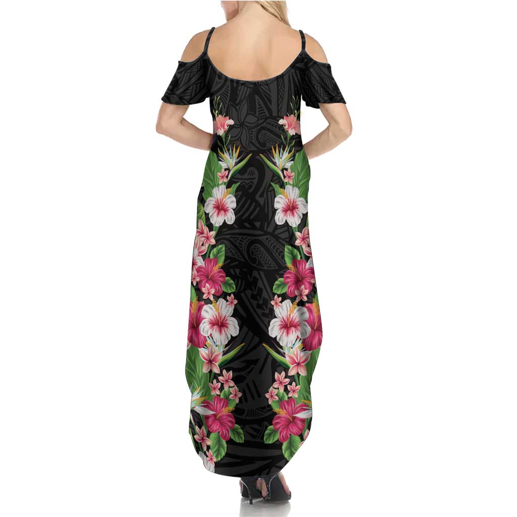 Hawaii Tropical Flowers Family Matching Summer Maxi Dress and Hawaiian Shirt Black Polynesian Tattoo Art