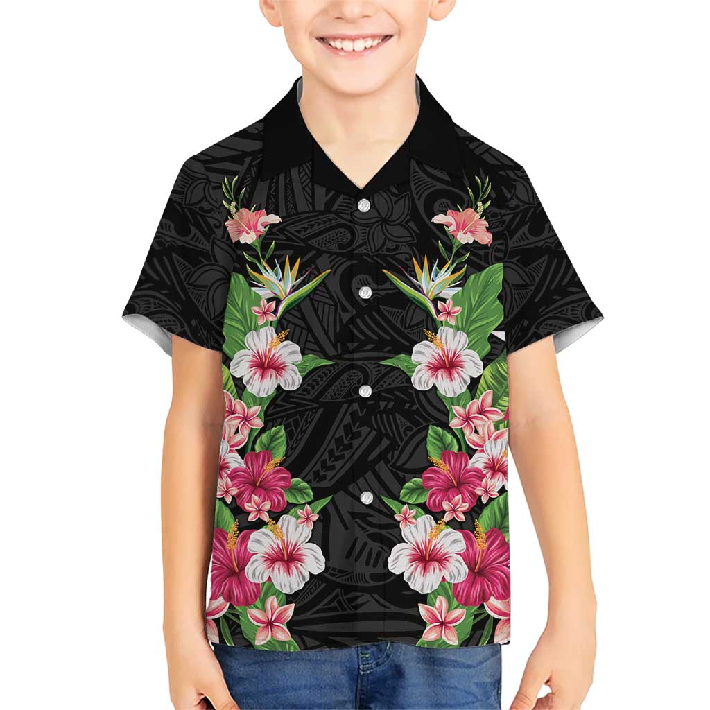 Hawaii Tropical Flowers Family Matching Summer Maxi Dress and Hawaiian Shirt Black Polynesian Tattoo Art