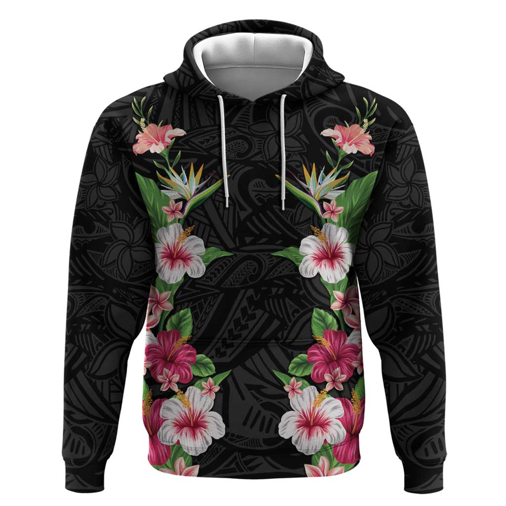 Hawaii Tropical Flowers Hoodie Black Polynesian Tattoo Art LT05 Pullover Hoodie Black - Polynesian Pride