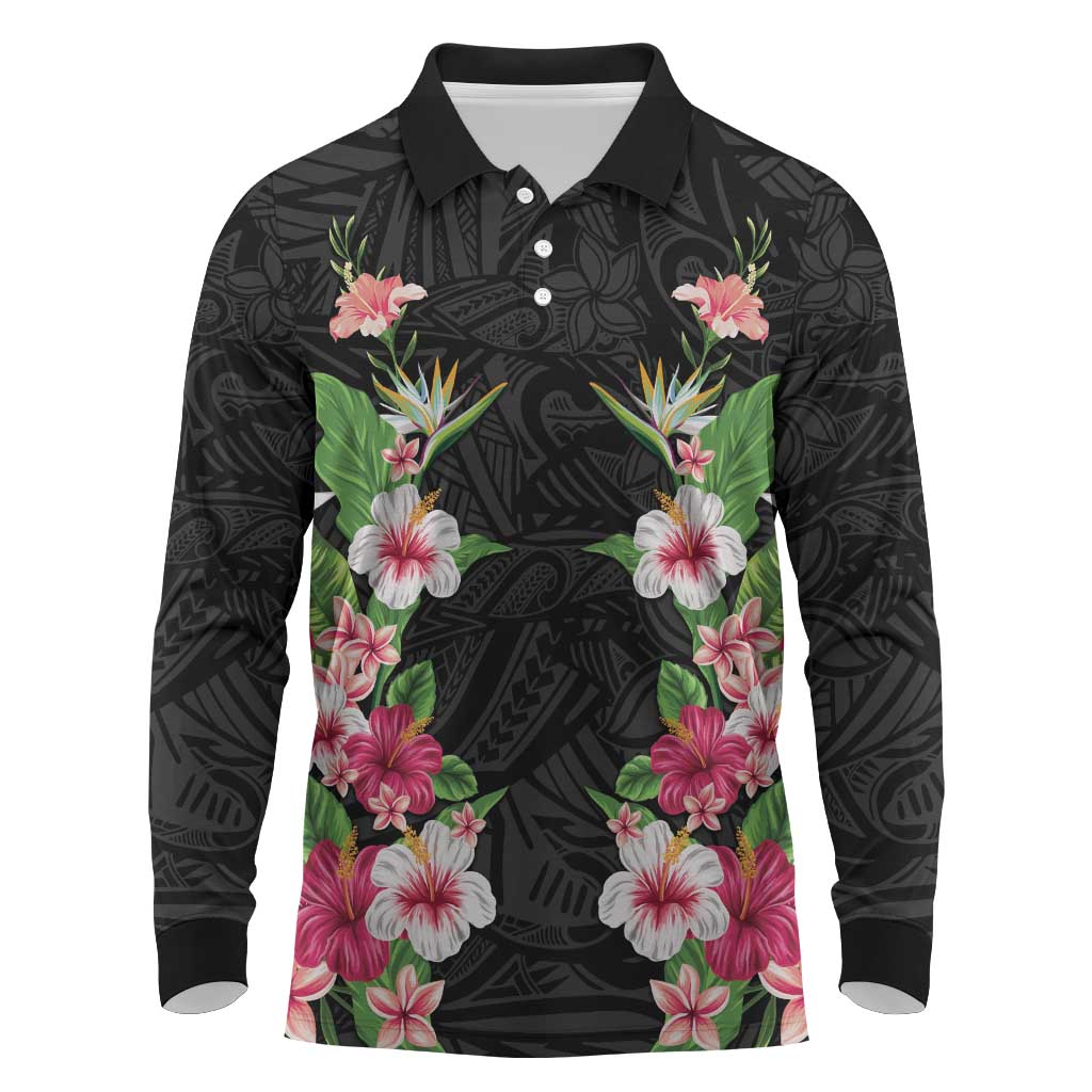 Hawaii Tropical Flowers Long Sleeve Polo Shirt Black Polynesian Tattoo Art LT05 Black - Polynesian Pride