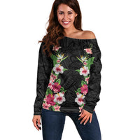 Hawaii Tropical Flowers Off Shoulder Sweater Black Polynesian Tattoo Art