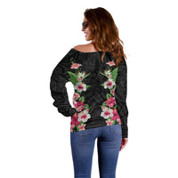 Hawaii Tropical Flowers Off Shoulder Sweater Black Polynesian Tattoo Art