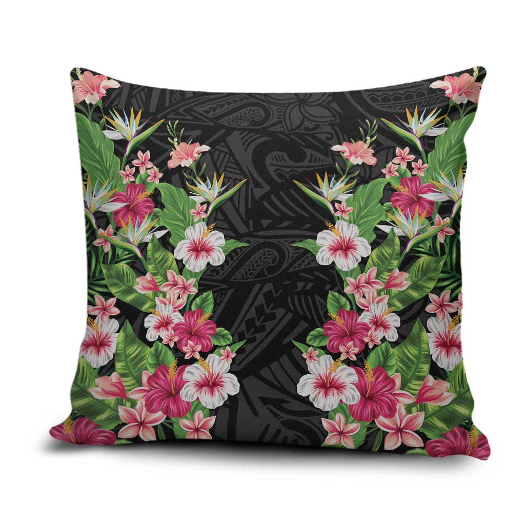 Hawaii Tropical Flowers Pillow Cover Black Polynesian Tattoo Art