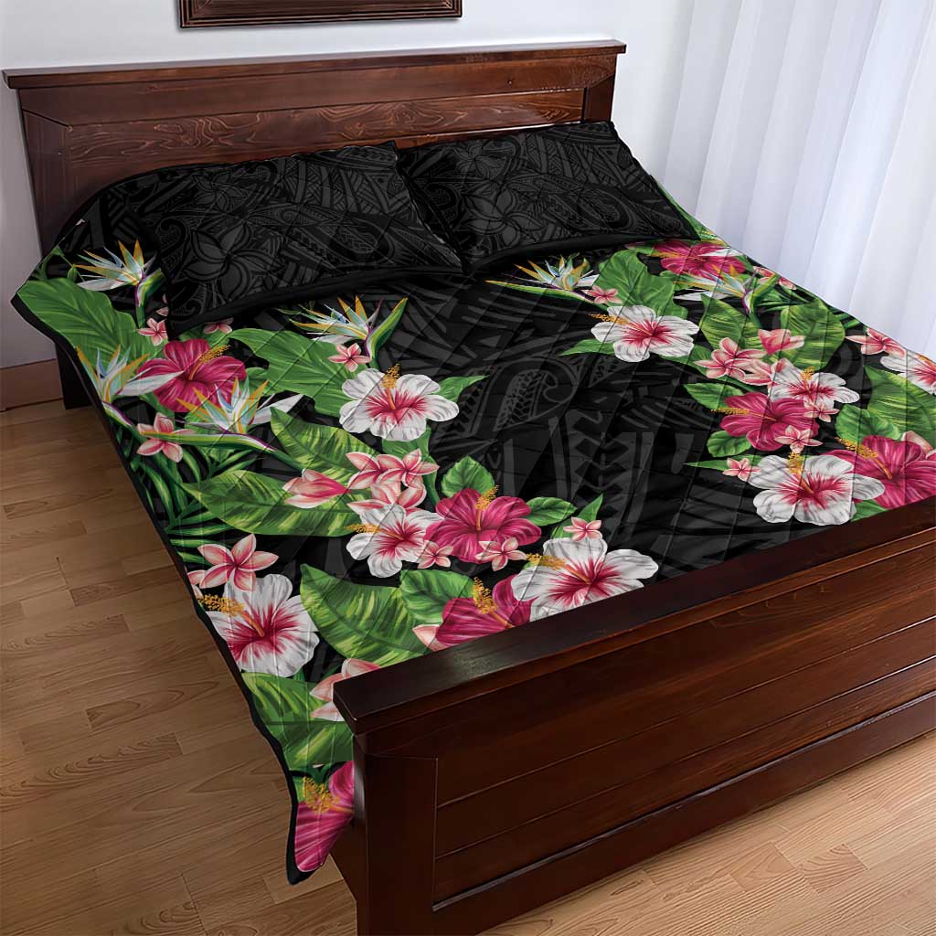 Hawaii Tropical Flowers Quilt Bed Set Black Polynesian Tattoo Art LT05 - Polynesian Pride