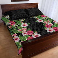 Hawaii Tropical Flowers Quilt Bed Set Black Polynesian Tattoo Art LT05 - Polynesian Pride