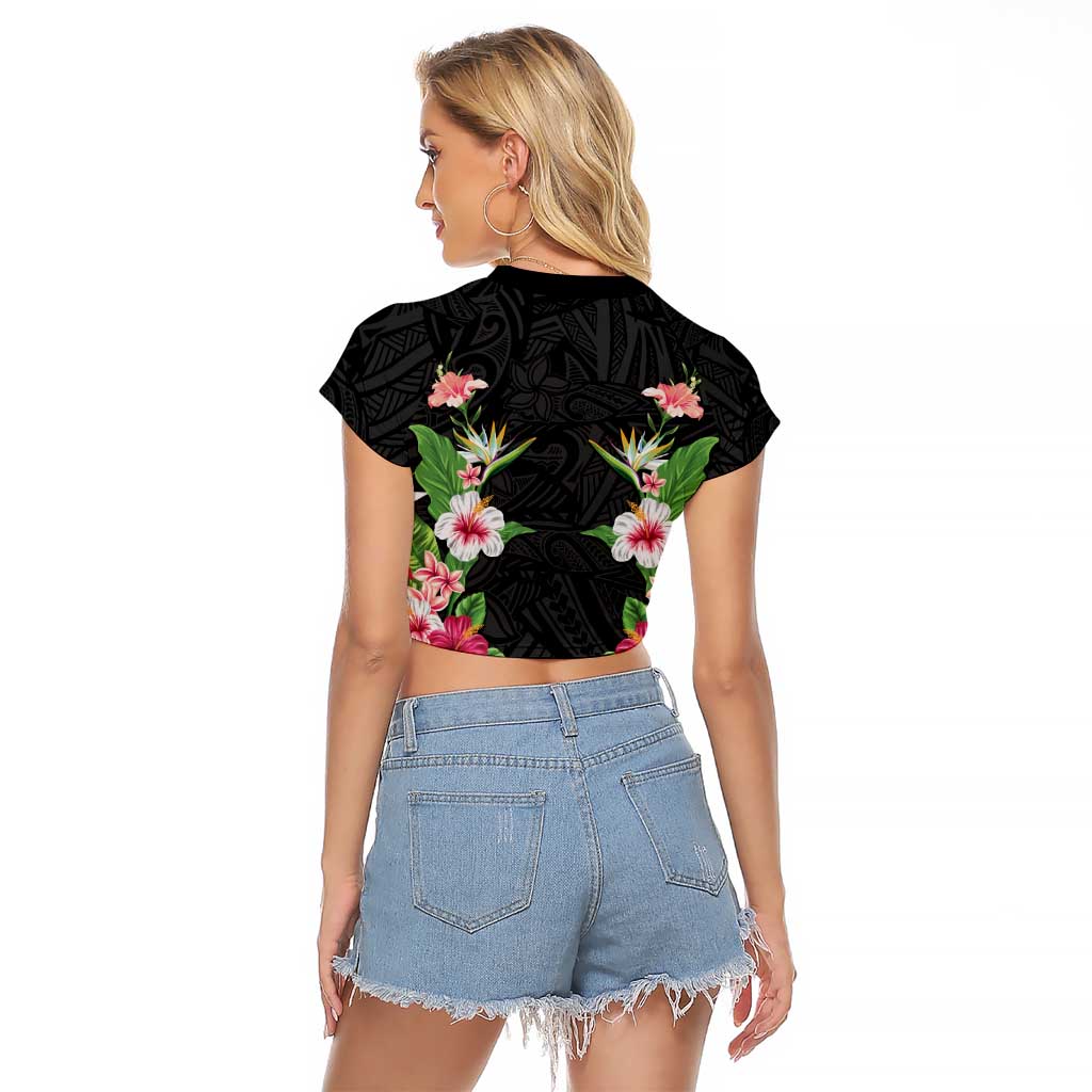 Hawaii Tropical Flowers Raglan Cropped T Shirt Black Polynesian Tattoo Art LT05 - Polynesian Pride