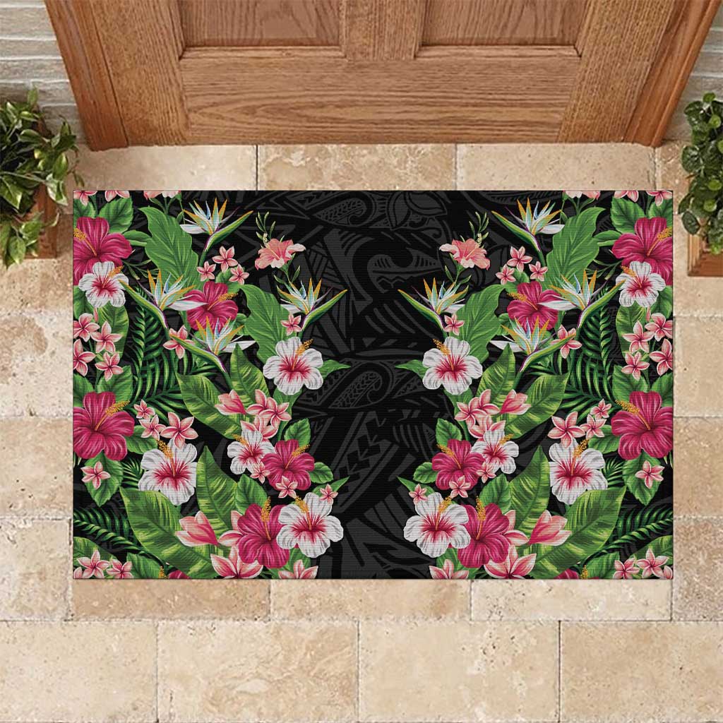 Hawaii Tropical Flowers Rubber Doormat Black Polynesian Tattoo Art LT05 Black - Polynesian Pride