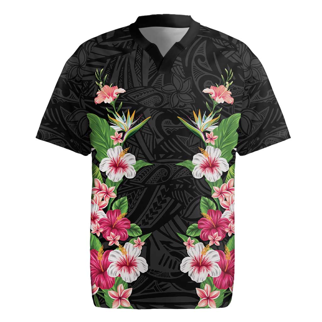 Hawaii Tropical Flowers Rugby Jersey Black Polynesian Tattoo Art LT05 Black - Polynesian Pride