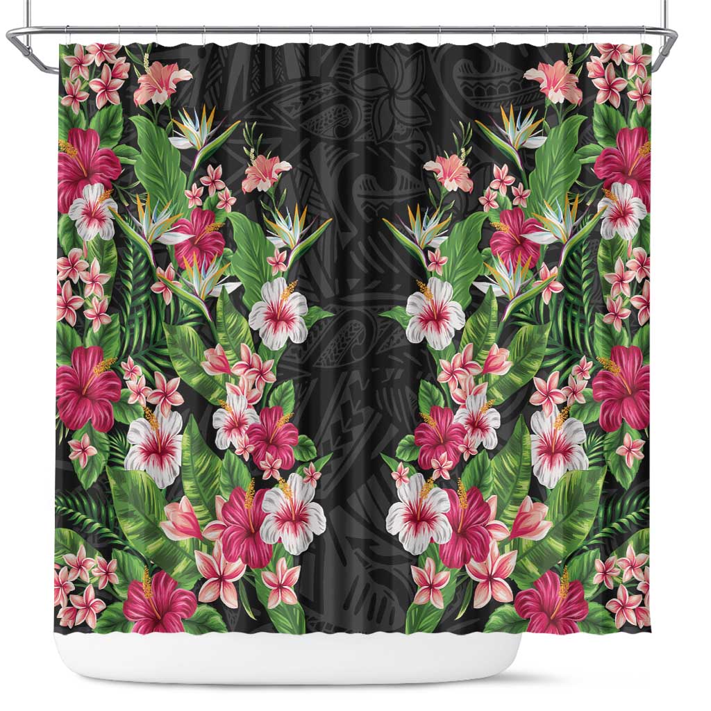 Hawaii Tropical Flowers Shower Curtain Black Polynesian Tattoo Art