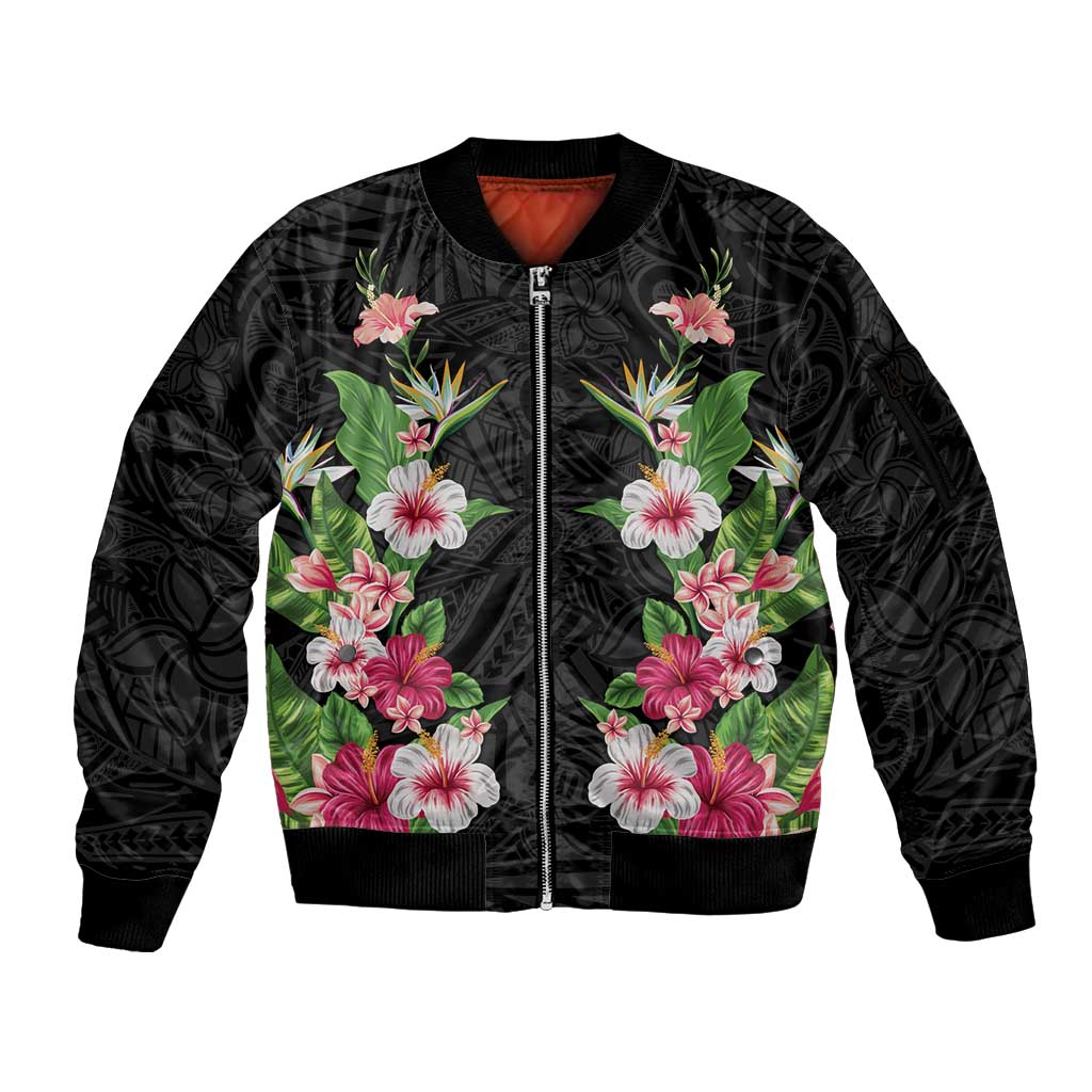 Hawaii Tropical Flowers Sleeve Zip Bomber Jacket Black Polynesian Tattoo Art