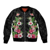 Hawaii Tropical Flowers Sleeve Zip Bomber Jacket Black Polynesian Tattoo Art