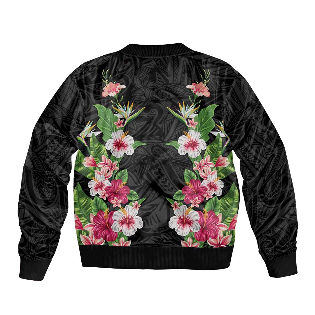 Hawaii Tropical Flowers Sleeve Zip Bomber Jacket Black Polynesian Tattoo Art