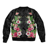 Hawaii Tropical Flowers Sleeve Zip Bomber Jacket Black Polynesian Tattoo Art